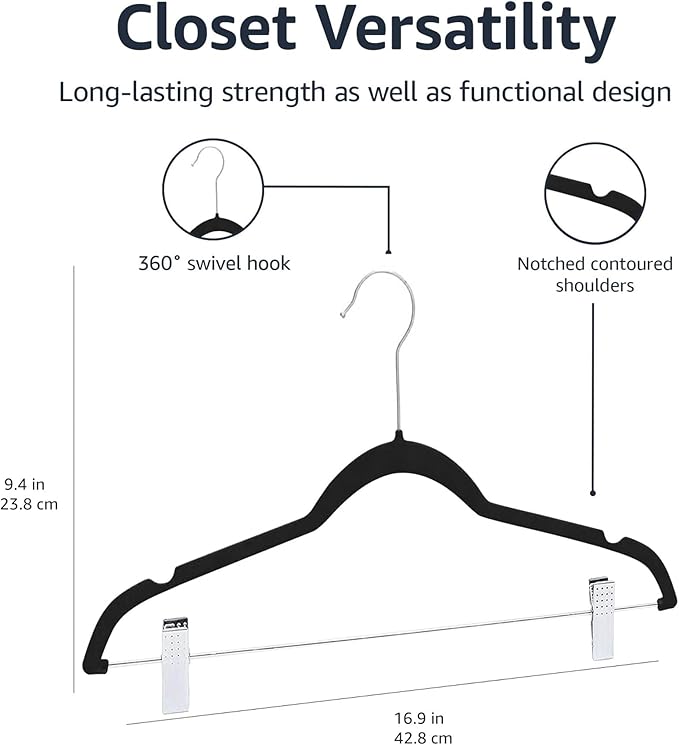 Amazon Basics Velvet Non-Slip Skirt Clothes Hangers with Clips, 360 Degree Rotatable Hook, Organize Pants and Skirts, Black/Silver, 24-Pack - Image 5