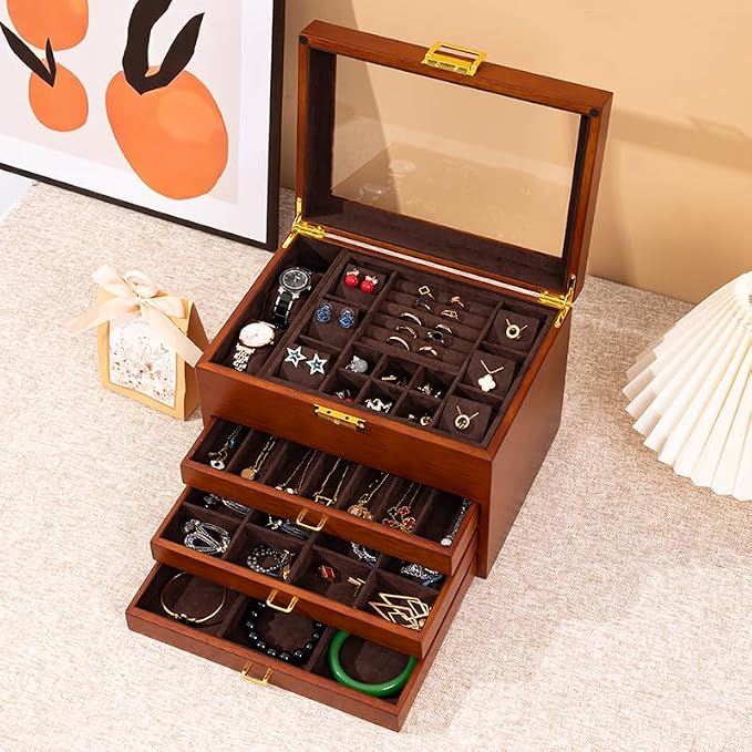 4-Layer Black Walnut Wooden Jewelry Box with Glass Lid, Soild Wood,Jewelry Organizer for Versatile Necklace, Watch, Ring Earring Storage for Women Christmas Gift - Image 2