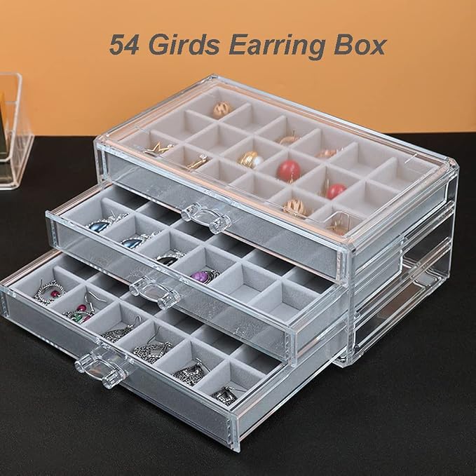 YUFONG Earring Organizer Box Acrylic Jewelry Organizer with 3 Drawers 54 Adjustable Grids Clear Stackable Earring Holder Velvet Trays Ring Display Case for Women Girls (Gray) - Image 4