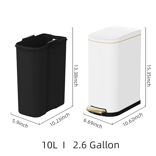 KSSKSS 2.6 Gallon Slim Bathroom Trash Can with Soft Close Lid, 10L Stainless Steel Garbage Can with Removable Liner Bucket, for Narrow Spaces, Bathroom, Bedroom (White) - Image 5
