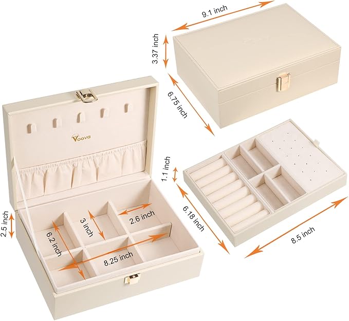Voova Jewelry Box Organizer for Women Girls, 2 Layer Large Men Jewelry Storage Case, PU Leather Display Jewellery Holder with Removable Tray for Necklace Earrings Rings Bracelets, Vintage Gift,Apricot - Image 6
