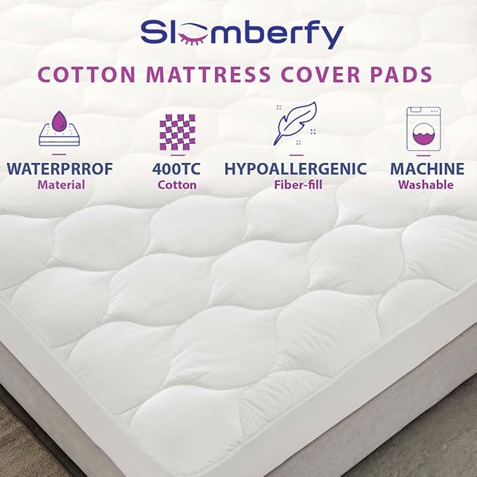 Full Size Waterproof Premium Mattress Pad by Slumberfy – Quilted Fitted 400 TC Cotton Mattress Protector - All Natural & Breathable Fabric, Cooling Topper (54x75 in)