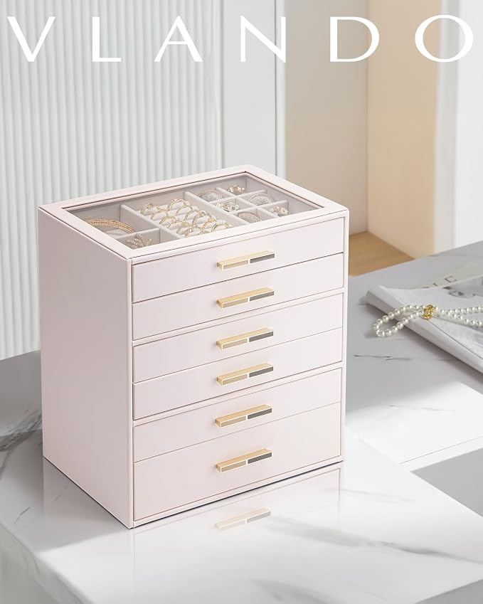 VLANDO 6 Layer Jewelry Box for Women, Glass Lid Jewelry Organizer with 6 Drawers for Necklaces Rings Earrings Bracelets - Light Pink - Image 6
