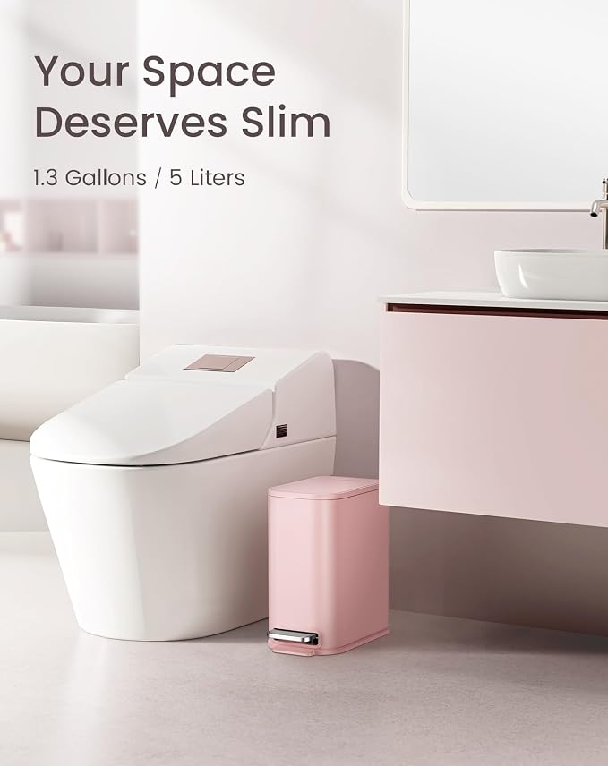 Cesun Small Bathroom Trash Can with Lid Soft Close, Step Pedal, 5 Liter / 1.3 Gallon Stainless Steel Garbage Can with Removable Inner Bucket, Waste Basket for Bathroom, Bedroom (Pink) - Image 2