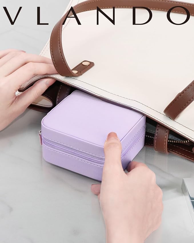 VLANDO Small Travel Jewelry Box Organizer - Girls Women Gift Rings Earrings Necklaces Jewelry Storage Display Case Purple - Image 5