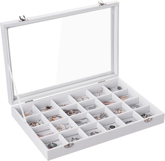 Frebeauty Velvet Jewelry Tray,24 Grid Jewelry Organizer with Clear Lid,Earring Holder Organizer with Clasp,Drawer Insert Rings Pendants Brooches,13.8 x 9.5 x 2 Inches,Gift for Women Girls(White) by Frebeauty