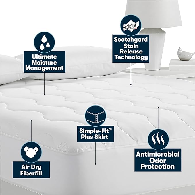 Serta Air Dry Extra Comfort Performance Fabric Quilted Mattress Pad, Cooling and Breathable Mattress Cover, Moisture Wicking Protection with 15" Deep Pocket, Twin, White