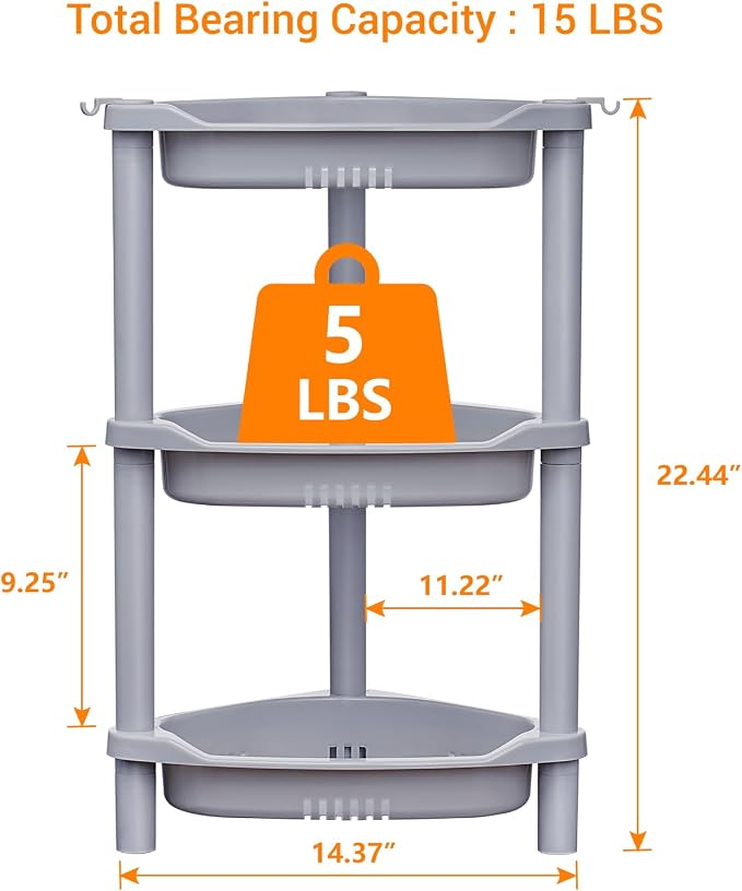 ELYKEN 3 Tier Shower Caddy Organizer Shelf Corner, 14.4 x 11.2 x 22.4 Inches, Rustproof, Plastic Shower Rack Stands for Inside Bathroom, Bathtub, Shower pan, Grey - Image 2