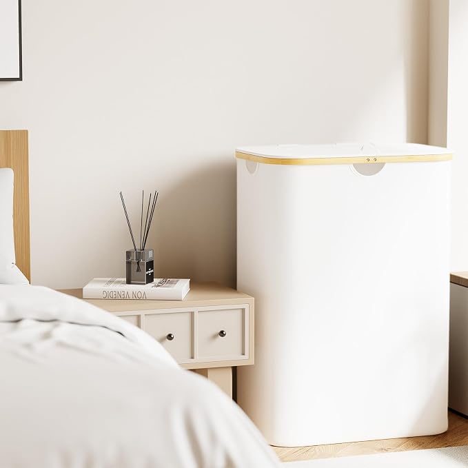 SpaceAid Double Laundry Hamper 2 Section with Lid and Removable Laundry Bags, 160L Clothes Basket with Bamboo Handles, Large Collapsible Hamper for Bedroom, Bathroom, Dorm, Laundry Room - White - Image 6