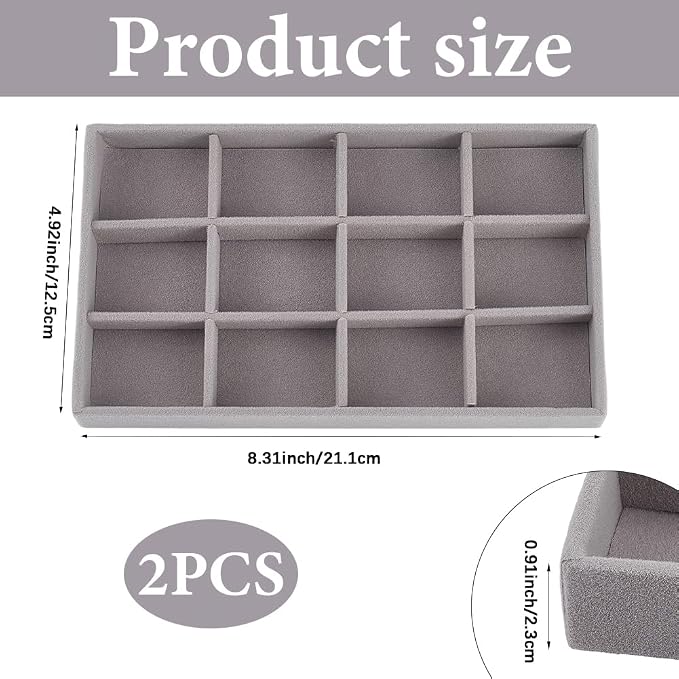2Pcs 5 x 8.3 Inch Velvet Jewelry Trays Stackable Jewelry Organizer Removable Divider 12 Grids Divided Gray Necklace Storage Container Box Dresser Drawer Case for Earring Ring Display Showcase - Image 2
