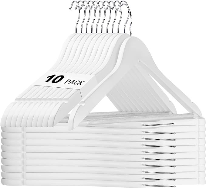 HOUSE DAY White Wooden Hangers 10 Pack, Solid Wood Hanger with Non Slip Pant Bar, Heavy Duty Wooden Coat Hanger for Closet, Smooth Finish Wood Clothes Hangers for Shirts, Suits Jackets, Dress by HOUSEDAY