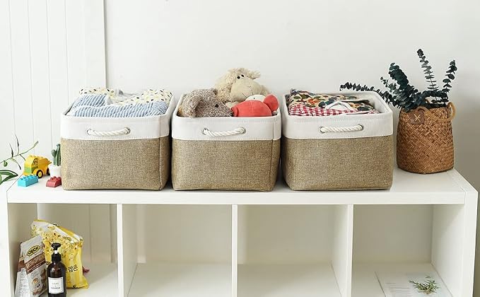 TheWarmHome Organization and Storage Basket for Organizing - X Large - 3 Pack 17.7L×13.8W×9.8H in Collapsible Storage Bin for Shelves, Fabric Basket for Gifts Organizer Toy Closet (White & Khaki) - Image 4