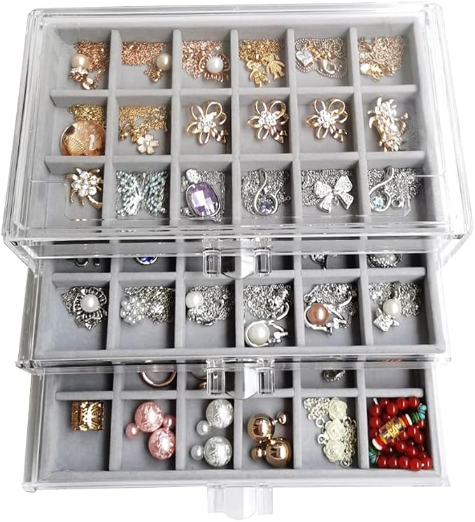 YUFONG Earring Organizer Box Acrylic Jewelry Organizer with 3 Drawers 54 Adjustable Grids Clear Stackable Earring Holder Velvet Trays Ring Display Case for Women Girls (Gray) by YUFONG