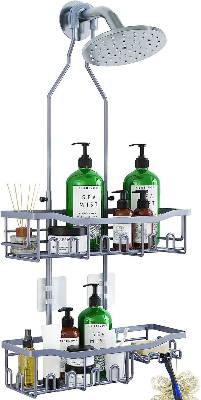Shower Caddy, Upgraded Extended Length Shower Caddy Over Showerhead No Blocking to Showerhead, Rustproof Bathroom Organizers and Storage with Hooks Shampoo Soap Holder, Large Hanging Caddy by Joqixon