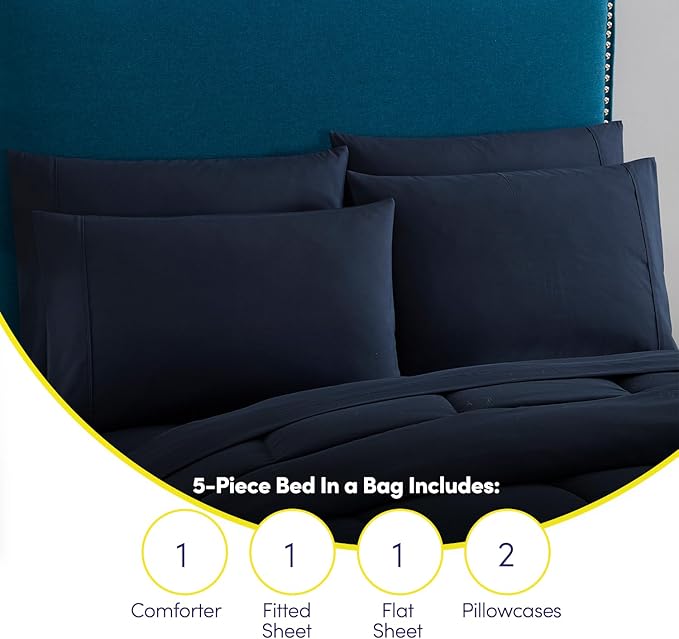 Sweet Home Collection 5 Piece Comforter Set Bag Solid Color All Season Soft Down Alternative Blanket & Luxurious Microfiber Bed Sheets, Navy, Twin (Pack of 4)