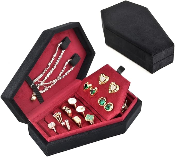 TAIMY Coffin Jewelry Box, Mini Coffin Shaped Gothic Jewelry Case, Plush Velvet Small Jewelry Organizer for Earrings Rings Necklaces Bracelets(Black-Red) by TAIMY