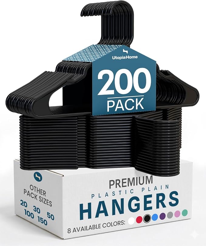 Utopia Home Plastic Hangers 200 Pack - Perfect Space Saving Clothes Hanger - Durable and Strong - Perfect Closet Organizers with Shoulder Grooves (Black) by UTOPIAHOME