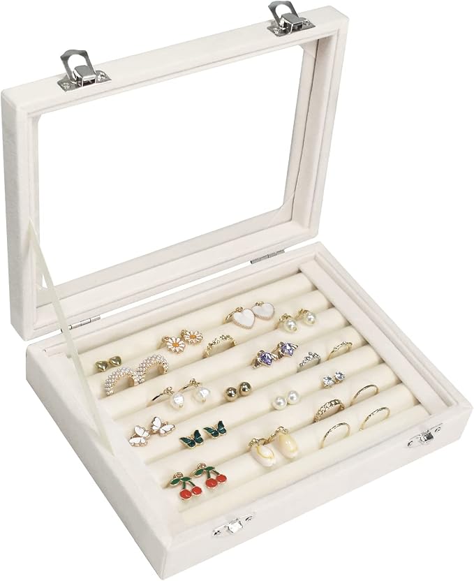Vicoter Rings Organizer Tray 7 Slots Velvet Jewelry Earring Storage Box with Transparent lid Jewelry Display Case for Girls Wife Mom Women (Beige) by Vicoter