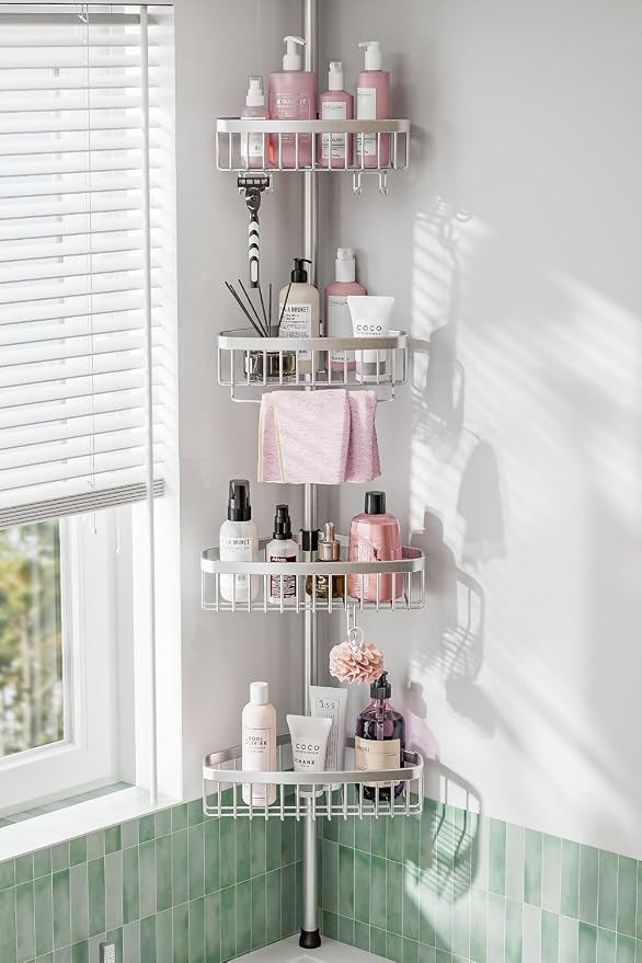 ESSEME Corner Shower Caddy Tension Pole: Adjustable Rustproof 4-Tier Inside Bathroom Organizer - 47-121 inch Quick Installation Bathtub Shelves for Shampoo Storage - Rod Floor Standing Bath Rack by ESSEMELLC