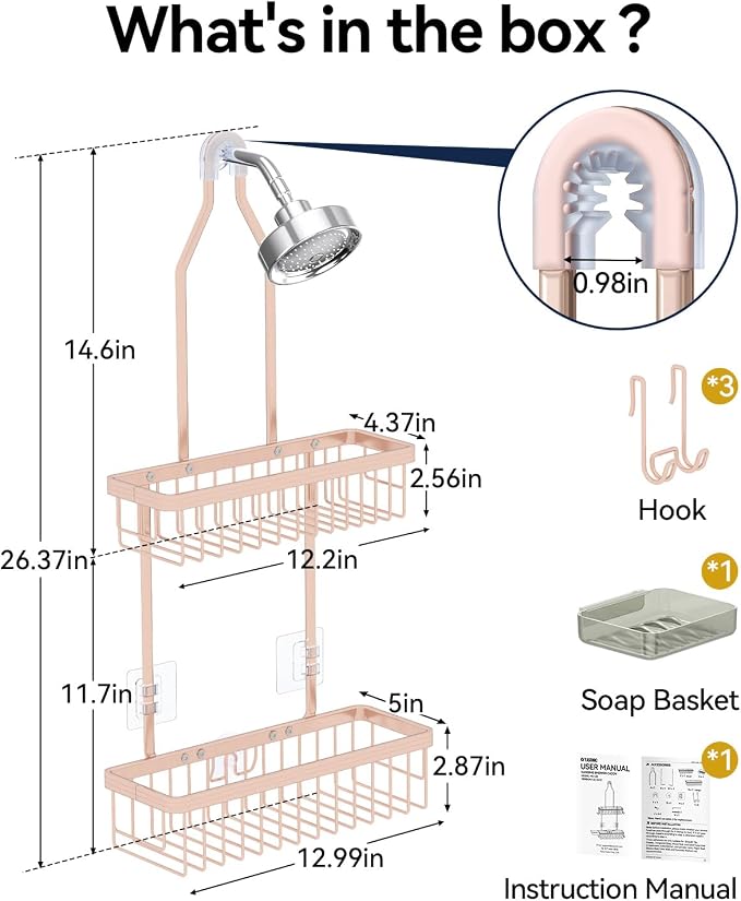 YASONIC Shower Caddy Hanging, Never Rust Shower Organizer Hanging, Aluminum Shower Racks for Inside Shower with Hooks for Razor, Bathroom Organizers and Storage with Soap Holder, Rose Gold - Image 2