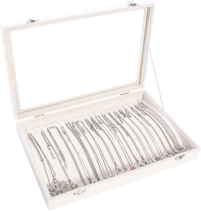 Coward 20 Hooks Necklace Organizer Jewelry Box, Dustproof Necklace Display Holder Case, Beige Velvet Necklace Display Tray Case with Transparent Glass Lid for Women Girls by FocusOnJewelryDisplay15yrs
