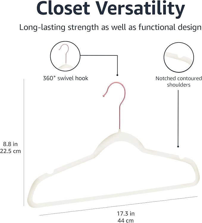 Amazon Basics Slim Velvet Non-Slip Space Saving Suit Clothes Hangers for Closet Organization, Ivory/Rose Gold, 100-Pack - Image 5