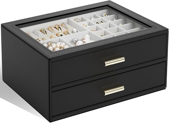 AKOZLIN Jewelry Box with Clear Lid Functional Leather Jewelry Storage Organizer Case 2 Drawers for Women Girls Necklace Ring Bracelet Earring by AKOZLIN