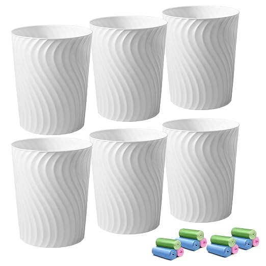 YGJT Small Trash Can, 6 Pack 1.8 Gallons Bathroom Trash Can, Slim Waste Basket, Round Garbage Can, Plastic Trash Bin for Kitchen, Dorm, Bedroom, Office, Living Room, Study, Compact Spaces(White) by YGJT