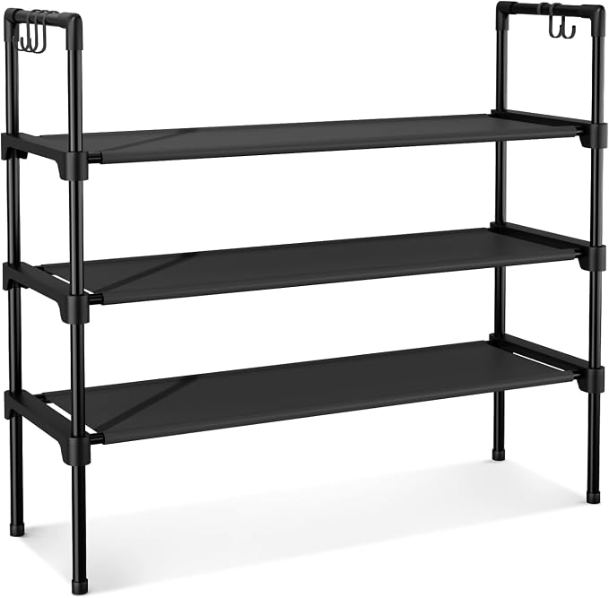 LANTEFUL 3 Tier Shoe Rack for Closet, Shoe Organizer with 5 Hooks, Long Shoe Shelf Storage for Sneaker and Boot Stackable Free Standing Shoe Rack for Entryway, Garage, Small Spaces, Dorm - Image 8