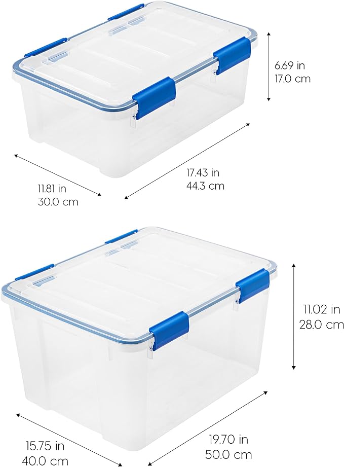 IRIS USA WeatherPro 27 & 44 Qt Storage Bins with Lids, 4 Pack, BPA-Free Plastic Gasket Box with Tight Latch and Seal, Stackable Nestable Tote Tub - Clear/Blue - Image 5