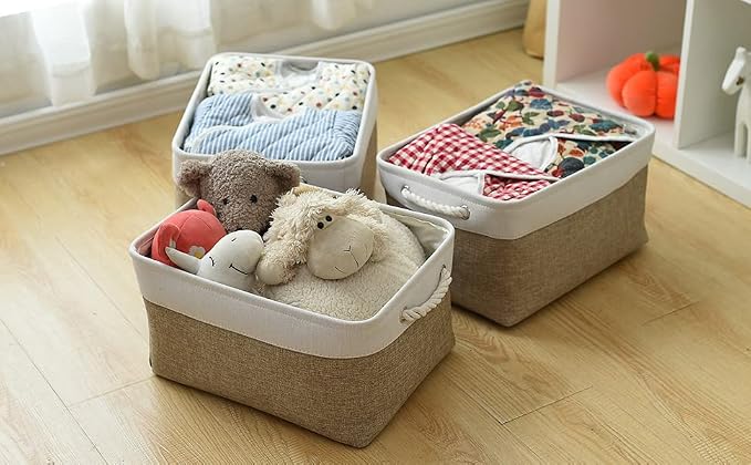 TheWarmHome Storage Basket for Organizing - 16x12x8 inch Large 3 Pack Collapsible Storage Bin for Shelves with Handles, Fabric Storage Cubes for Organizer Cloth Gift Toy Closet (Whiet & Khaki) - Image 3