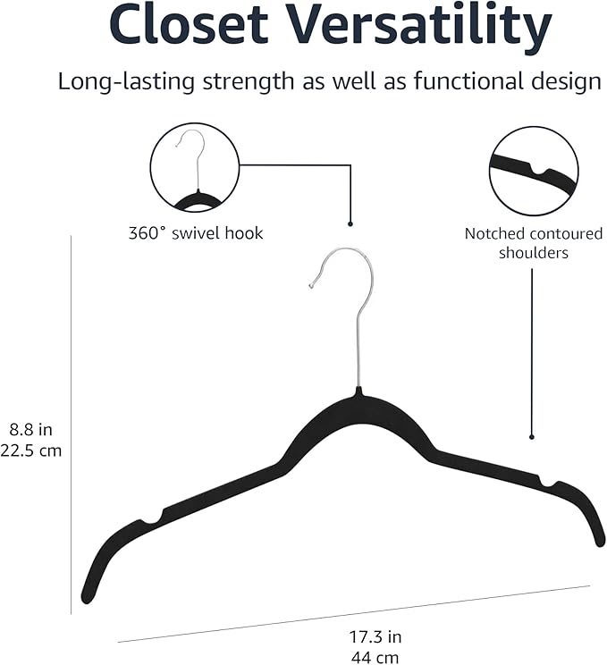 Amazon Basics Space-Saving Slim Velvet Non-Slip Clothes Hangers for Closet Organization, Sturdy with Shoulder Notches, Black, 50-Pack - Image 5