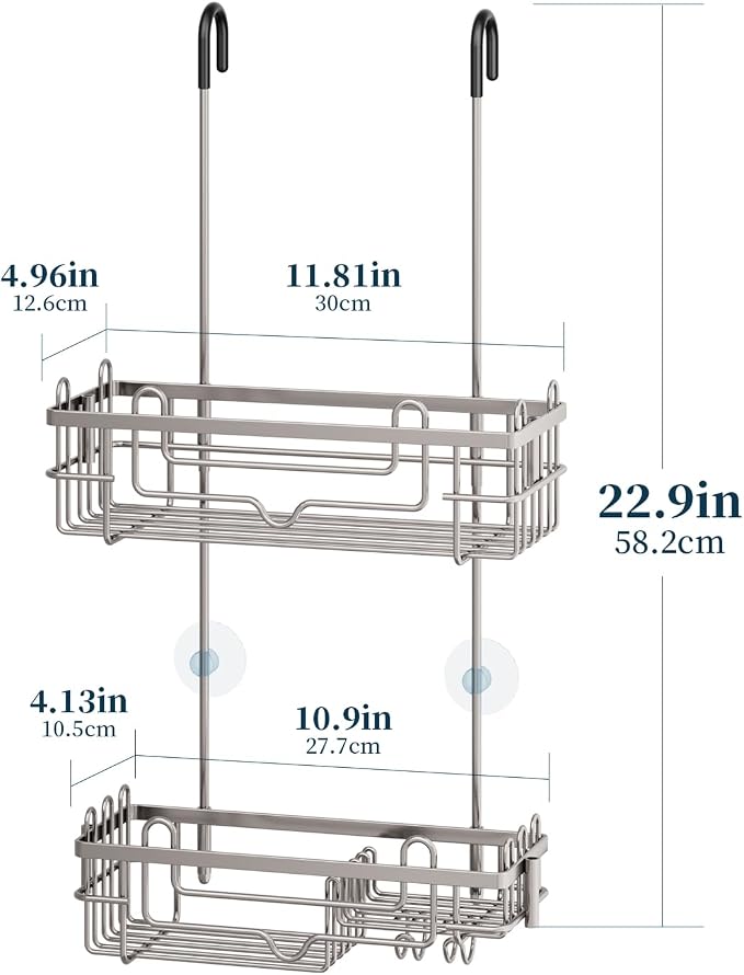 Consumest Over the Door Shower Caddy - 2-Tier Hanging Shower Organizer with Soap Holder, Rustproof Bathroom Storage and Organizer Rack for Shampoo, Towels, and Toiletries, Sand Nickel - Image 7