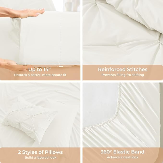 Sasttie Twin Comforter Set, 5-Piece Bed in a Bag, Pintuck Bedding Sets for All Season, Includes Comforter, Flat Sheet, Fitted Sheet, Pillowcase and Pillowsham, Ivory