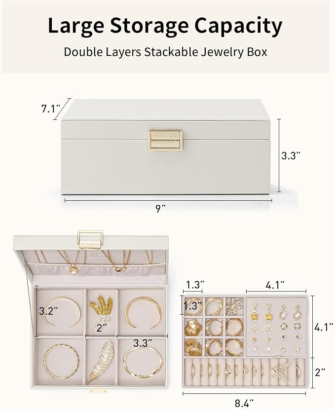 VLANDO Jewelry Box for Women, Gift for Women Girls,2 Layer Jewelry Box,Large Jewelry Organizer for Women Removable Jewelery Tray for Necklace Earrings Rings (Cloud White) - Image 3
