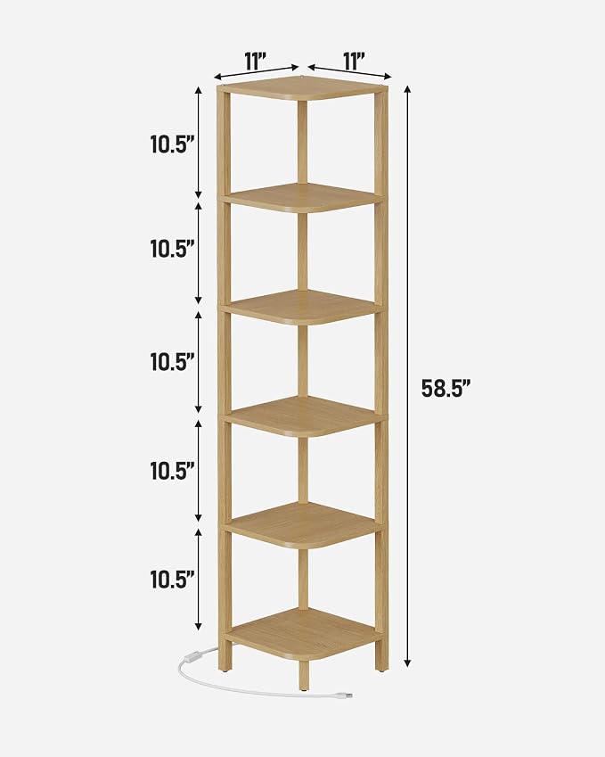 TUTOTAK Corner Shelf with LED Light, 6-Tier Corner Bookshelf for Small Space, Narrow Display Corner Shelf Stand with Storage Rack, for Living Room, Bedroom, Natural BS08BN006L - Image 2