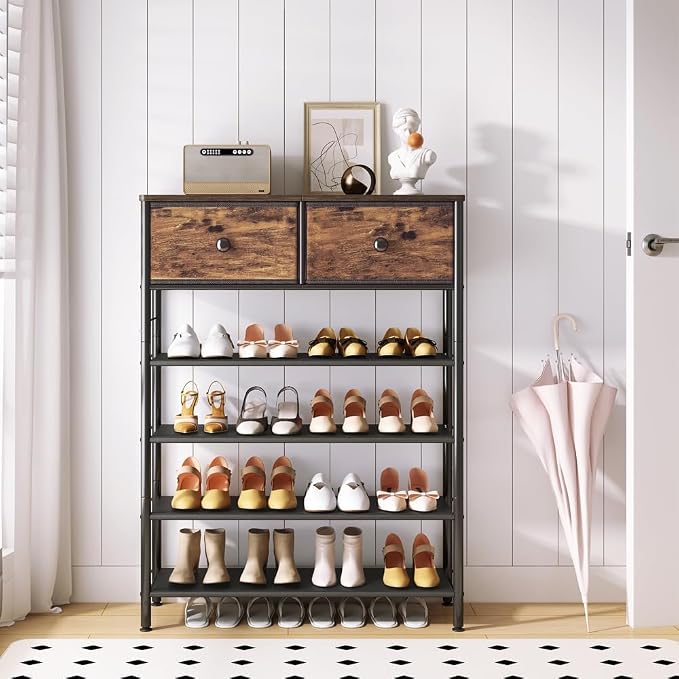 INGIORDAR Shoe Rack Organizer 5 Tier Metal Organizer Shelf with Industrial MDF Board and Layer Fabric for Entryway Closet Bedroom Living Room Garage (Black+Rustic Brown, 5 Tier with 2 Drawers) - Image 6