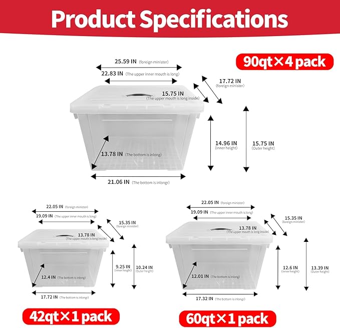 Clear Storage Bins with Lids, 4 Pack - 90 Quart Extra Large Storage Totes Boxs - Heavy Duty BPA-Free Organizing Containers Storage Boxes 4pack 90 and one 60 qt & 42qt for Home Closet