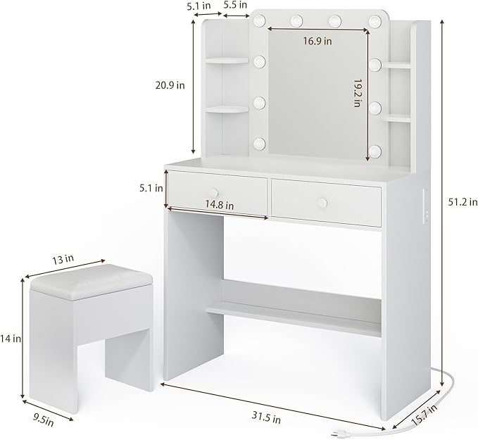 Haewon White Vanity Desk with Mirror and Lights, Makeup Vanity with 10 LED Bulbs and 3 Color Modes, Dressing Table Set with Power Outlets, Storage Drawers and Chair for Bedroom