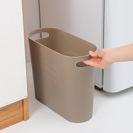 rejomiik Small Trash Can, Slim Garbage Can Plastic Waste Basket with Handles 3.5 Gallon Container Bin for Narrow Spaces Bathroom, Bedroom, Kitchen, Office at Home, 2 Pack Khaki - Image 2