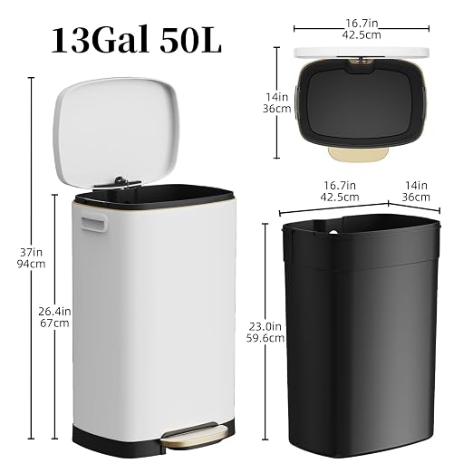 KdbK 13 Gallon Trash Can with Lid, 50L Fingerprint Proof Stainless Steel Kitchen Trash Can with Removable Inner Bucket and Lid Soft Close, Pedal Rubbish Bin for Home Office, White - Image 6