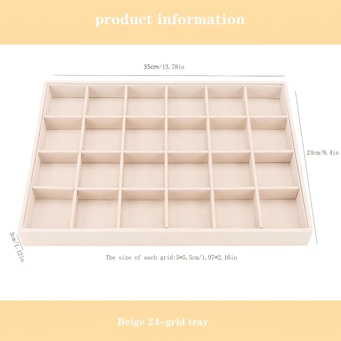 Large Velvet Jewelry Tray, Drawer Organizer for Jewelry in Dresser, Stackable Jewelry Drawer Organizer Inserts for Earring Necklace Bracelet Rings(Beige,24grid) - Image 4