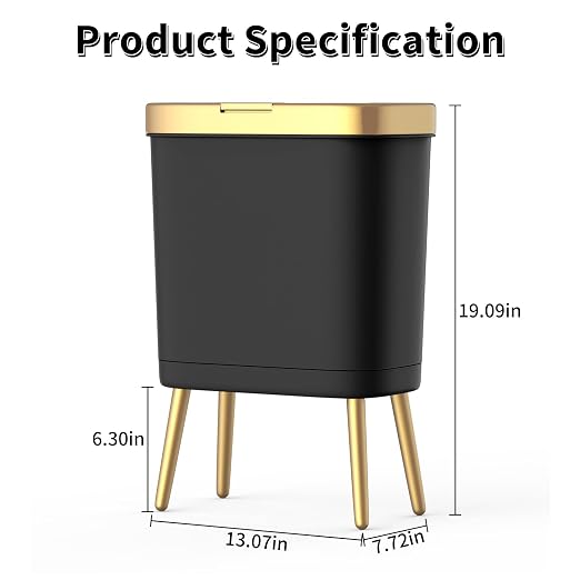 Procade Office Trash Can with Lid, Black Bathroom Trash Can with Gold Edge, Modern Narrow Garbage Can with Legs, Slim Plastic Trash Bin for Bedroom, Living Room,Kitchen,Toilet, 4 Gallon - Image 6