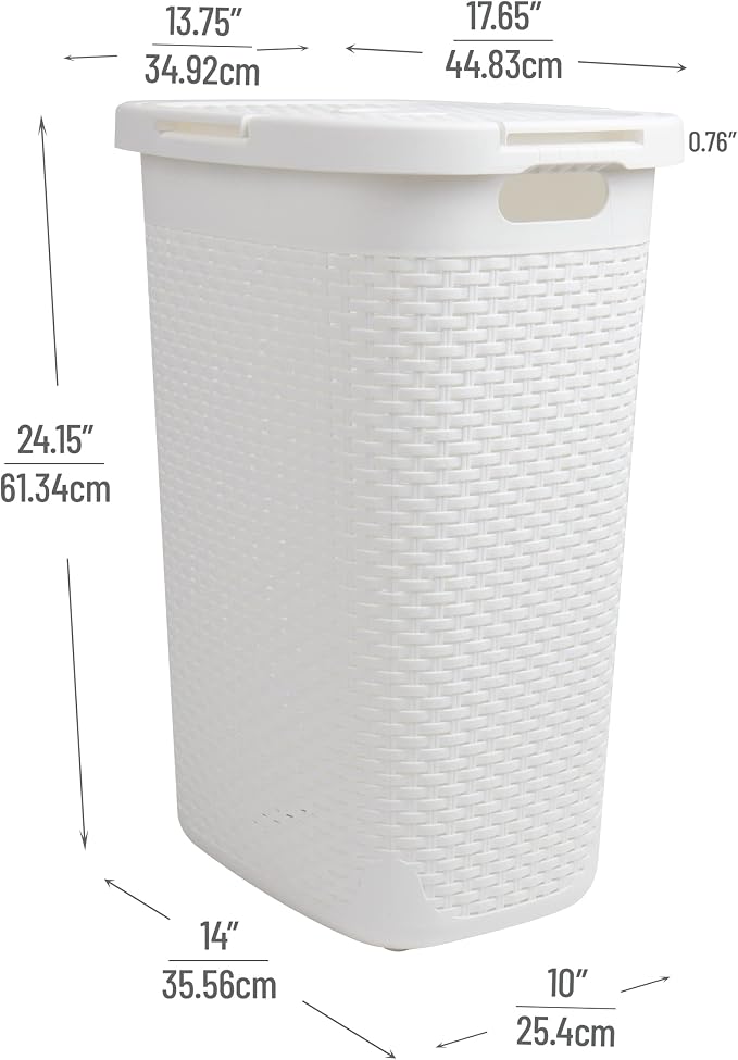 Mind Reader Slim Laundry Hamper with Lid, 60L Tall Clothes Basket, Narrow Tapered Design for Bathrooms, Closets and Laundry Rooms, Plastic, 2 Pack, White - Image 3