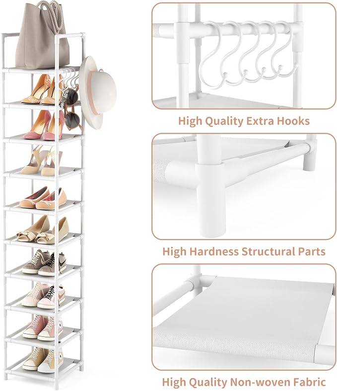 LANTEFUL Tall Narrow Shoe Rack 10-Tier Skinny Shoe Shelf Storage for 10-15 Pairs Shoes and Boots, Space Saving Corner Shoe Rack Organizer for Closet, Entryway, Garage, Living Room,White - Image 4