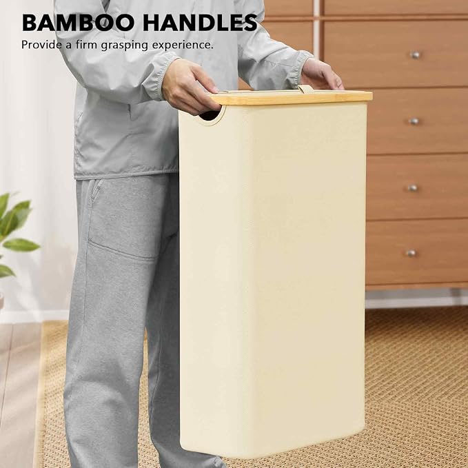 SpaceAid Slim Laundry Hamper with Lid, 65L Narrow Clothes Basket Bin with Bamboo Handles, Skinny Tall Collapsible Hamper for Bedroom, Bathroom, Dorm, Laundry Room - Beige - Image 9