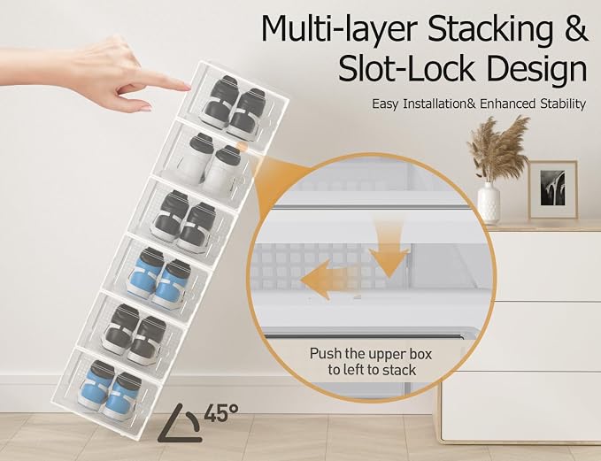 Kuject XX-Large Shoe Storage Boxes Organizers Clear Plastic Stackable 12 Pack, Shoe Rack & Holder Substitute, Sneaker Containers, Shoe Storage Organizer Bins for Closet, Under Bed,White(No Fold Line) - Image 4