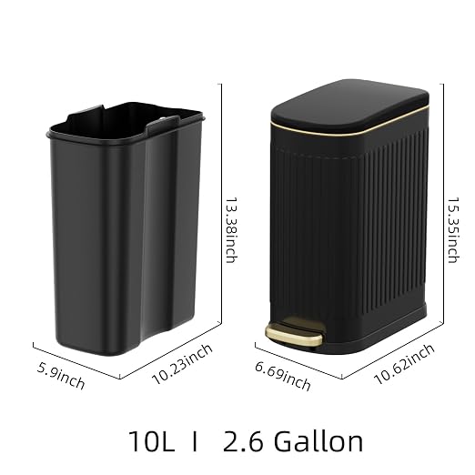 KSSKSS 2.6 Gallon Slim Bathroom Trash Can with Soft Close Lid, 10L Stainless Steel Garbage Can with Removable Liner Bucket, for Narrow Spaces, Bathroom, Bedroom (Matt Black) - Image 5