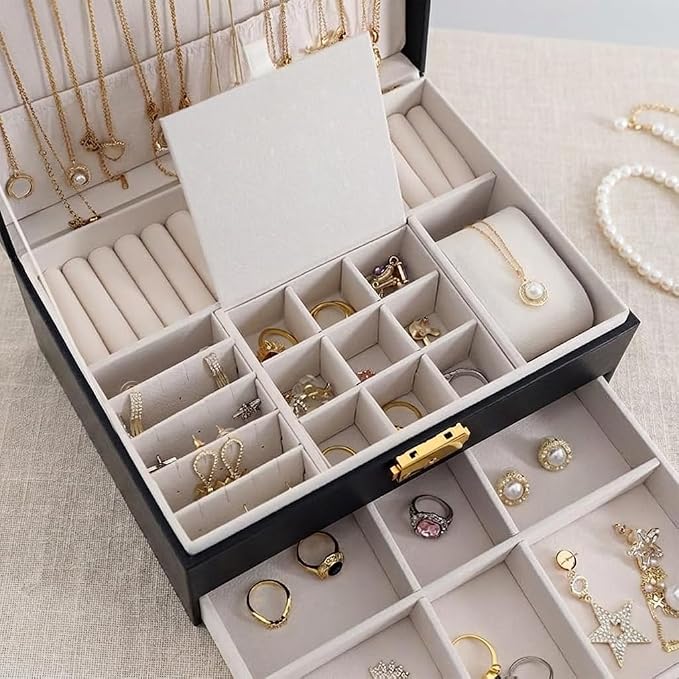 GUOER Jewelry Box for Women Girl Wife - Large PU Leather Jewelry Organizer Storage Case with Two Layers Display for Earrings Bracelets Rings Watches Mothers Day Gifts (Black) - Image 5