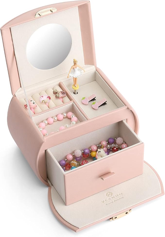 Vlando Musical Jewelry Box with Spinning Ballerina, Lockable Girls’ Jewelry Organizer for Necklaces Rings and Hair Accessories, Gift for Girls and Kids, Pink - Image 5